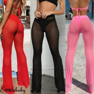 

Womens Beach Mesh Sheer Wide Leg Pants Ladies Bikini Cover Up Flared Trousers