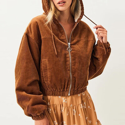 

Toponeto Womens Winter Casual Brown Corduroy Hooded Pocket Zipper Coat Jacket