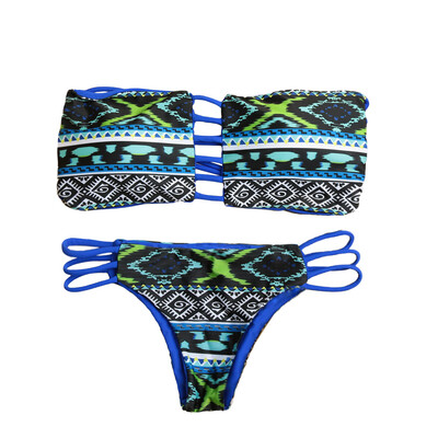 

Sexy Women Strapless Bikini Set Geometric Pattern Strappy Top Bottom Beach Swimwear Swimsuit Bathing Suit OrangeBlueWhite