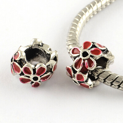 

Antique Silver Plated Alloy Enamel Style Flower Large Hole European Beads FireBrick 12x65mm Hole 5mm