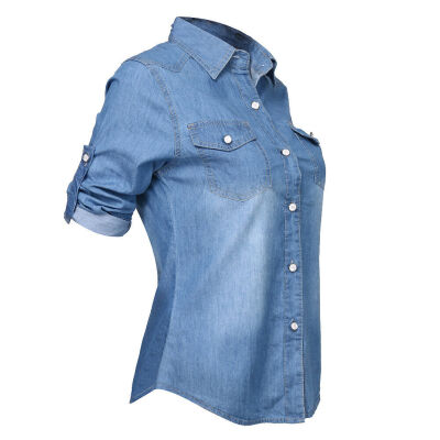 

Women Denim Pockets Button Comfy Shirt Long Sleeve Jeans Tops Tunic Blouse Tops