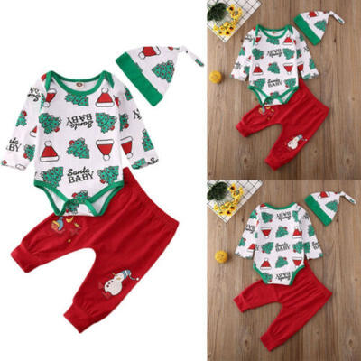 

Newborn Xmas Baby Girl Tops RomperPants Leggings Hat Outfits Cotton 3pcs Set