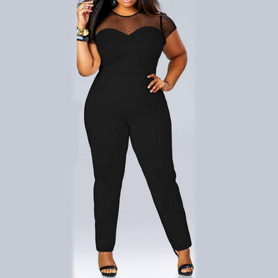 

Gobestart Womens Plus Size Mesh Sexy Stitching Fashion Short-Sleeved Round Neck Jumpsuit