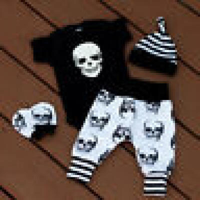 

Newborn Baby Boy Skull Outfits Clothes Tops RomperLong Pants Hat 4PCS Set