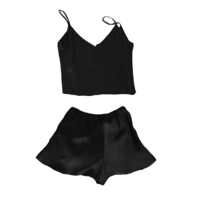 

Summer Suit Women Sling Emulation Silk Pajamas Sleepwear Halter TopShorts Set