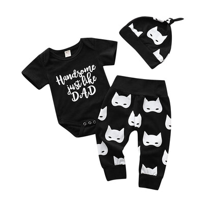 

3Pcs Summer Baby Boy Girl Casual Set Daddy Letter Print Short Sleeve Romper Tops Casual Trousers Hat Outfits Set