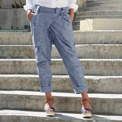 

Women Casual Loose Plus Size Pure Color Pocket Bandage Pants Linen Trousers
