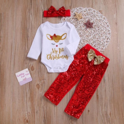 

Baby Girls Long Sleeve Romper TopsBowknot Sequins Long PantsHeadband Outfits Set