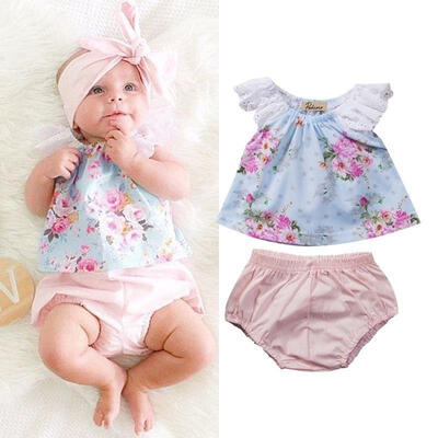 

Newborn Baby Girls Sleeveless Floral Lace Tops Vest Short Pants Outfits Clothes
