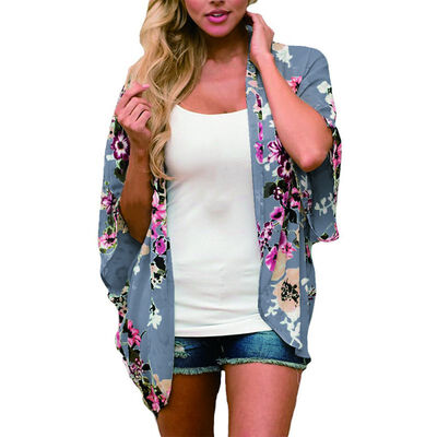 

Women Casual Floral Short Sleeve Kimono Shawl Blouse Top Beach Cover Up Blouse