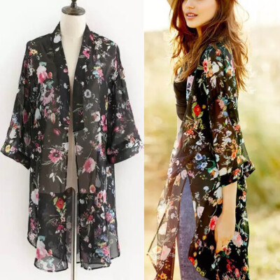 

Womens long printed chiffon kimono sunscreen cardigan summer dress