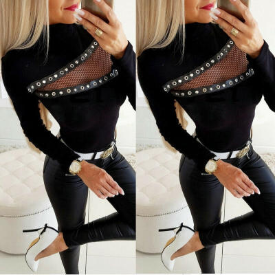 

Women Sexy Blouse Oblique Hollow-out Long Sleeve High Neck Tops