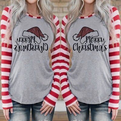 

Gobestart Women Christmas Long Sleeves O Neck Letter Print Stripe Blouse Loose T-shirt