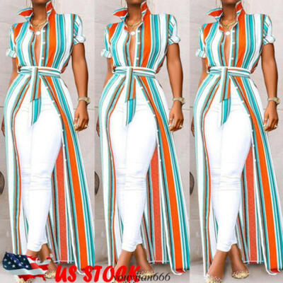 

US Boho Women Summer Holiday Striped Maxi Dress V-neck Long Shirt Blouse -2XL