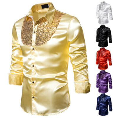 

Men Formal Satin Shiny Silk Wedding Dress Shirt Sequins Slim Long Sleeve T-shirt