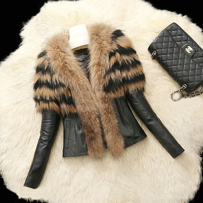 

Women Faux Leather Jacket Fur Trim Spliced Long Sleeve Short Length Zipper Fashion Slim Streetwear 2018 Autumn Winter Warm Coat