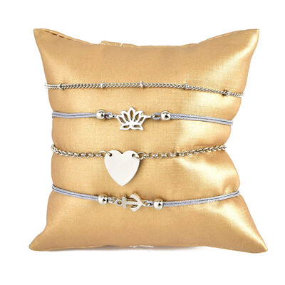 

4 Pcsset Women Bohemian Retro Lotus Anchor Heart Silver Charm Bracelet