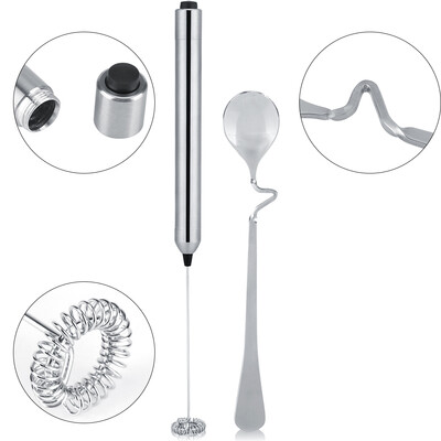 

Kitchen Stainless Steel Handheld Battery Operated Electric Coffee Milk Frother with Spoon