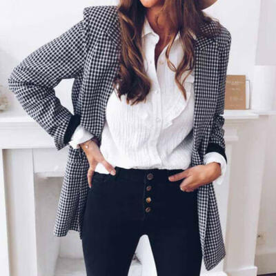 

Women Casual Blazer Jacket Lapel Tops Plaid Coat Slim Cardigan Outwear Overcoat