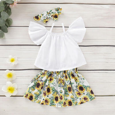 

US Toddler Infant Baby Girl Clothes Off-Shoulder TopsSunflower Skirt Outfit Set