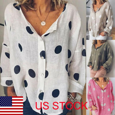 

US Summer Women Polka Dot Blouse Loose Long Sleeve V Neck T-shirt Tees Plus size