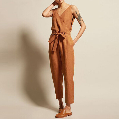 

Starmoon Womens Casual Solid Sleeveless V-Neck Belt Slim Plus Size Linen Long Jumpsuit