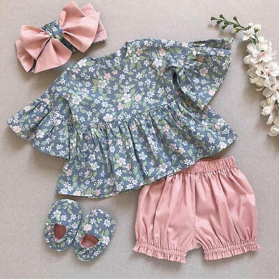 

US Infant Baby Girl Floral Bell Sleeve Tops Shorts Pants Headband Outfit Clothes