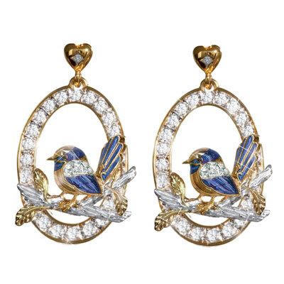 

Wedding Party Women Heart Rhinestone Inlaid Circle Sparrow Pendant Stud Earrings