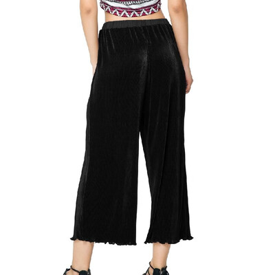 

New Fashion Women Loose Pleated Pants Wide Leg Elastic Waist Ruffled Hem Casual Flared Trousers Black