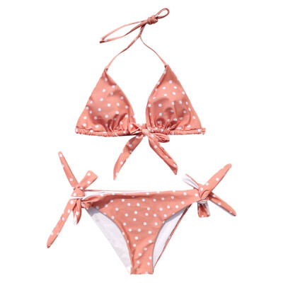 

Halter Neck Backless Padded Bowknot Polka Dot Print Two-piece Swimsuit Women Bikini Set