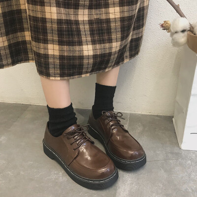 

Lower upper single shoe laced round-headed womens shoes flat sole large-headed leather shoes students shoes round-headed s