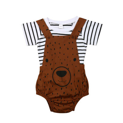 

US Newborn Boy Girl Cute Bear Clothes Stripe T-shirt Bib Pants Overalls Outfits
