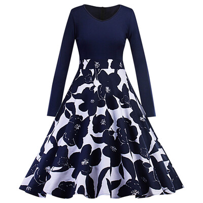 

V Neck Long Sleeve Floral Print A-line Women Dress