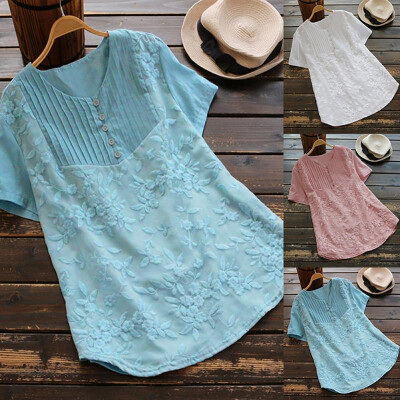 

Plus Size Summer Casual Tops Lace Embroidery Leisure T-shirt Women Oversize Short Sleeve T shirt Cotton Linen Tshirt