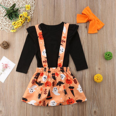 

Kids Baby Girl Ruffles Shirt Tops Suspender SkirtsHeadband 3pcs Set Outfits