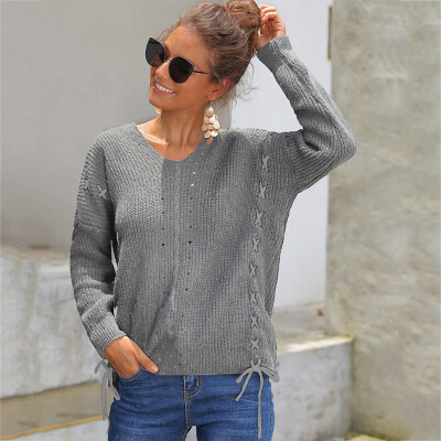 

Tailored Women Casual Solid V-Neck Knitted Hollow out Long Sleeve Sweater Top Blouse