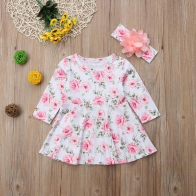 

Fashion Toddler Kids Baby Girls Flower Long Sleeve Dress Headband Clothes