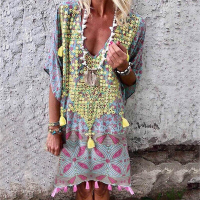 

Fasion Women Boho Cotton Linen Maxi Dress Bat Sleeve Casual Kaftan Tunic Plus Size