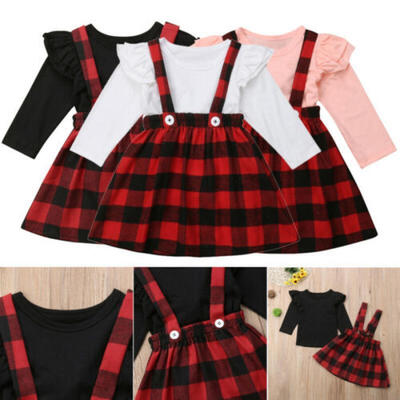 

US Toddler Kids Baby Girl Christmas Outfits Clothes T-shirt TopsPlaids Skirt