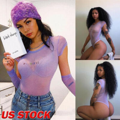 

Sexy Women Summer Hot Drilling Mesh Sheer Round Neck Jumpsuit Bodysuit Romper