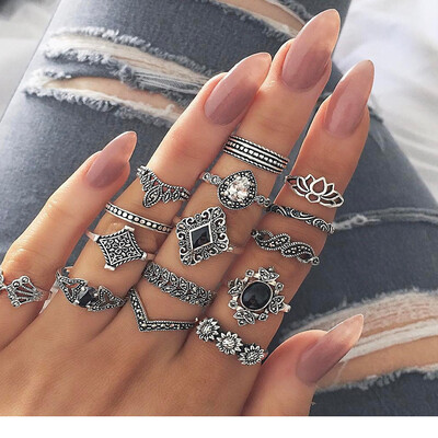 

Bohemian Retro Silver Lotus Personality Women\ Ring 15 Pieces