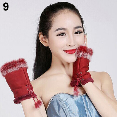

Womens Winter Faux Rabbit Fur Faux Leather Fingerless Mittens Wrist Gloves