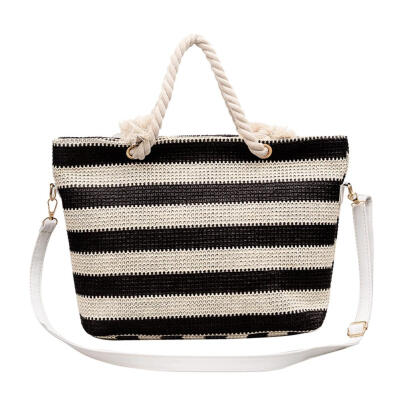 

Girls Hit Color Stripe Shoulder Handbags Women Shopping Straw Satchel Totes