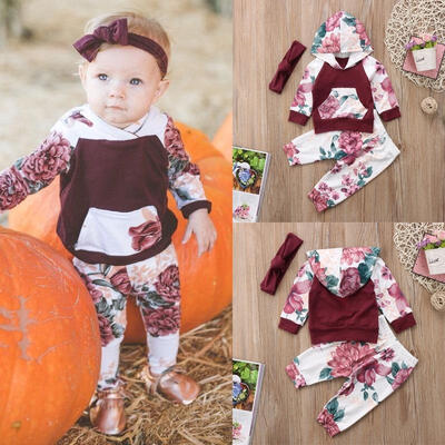 

3PCS Set Newborn Baby Girls Tops Hoodies Long Pants Headband Outfits Clothes 0-24M