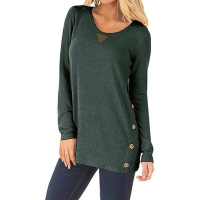 

European Autumn Round Collar T-shirt Women Button Pullover Tops Patch Decor