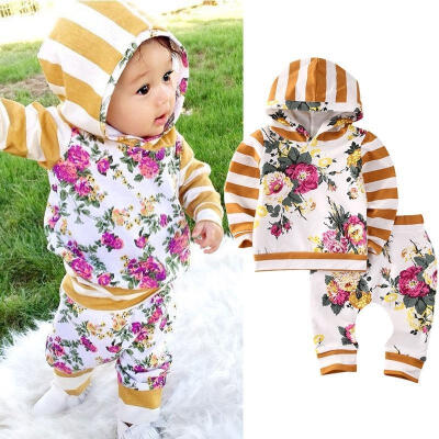 

2pcs Girls Hooded Sweatshirt Tops Floral Pants Baby Take Home Outfits Costume