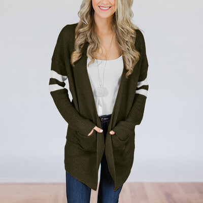 

Roseonmyhand Women Striped Long Sleeve Knitted Sweater Pockets Long Cardigan Top Coat Outwear
