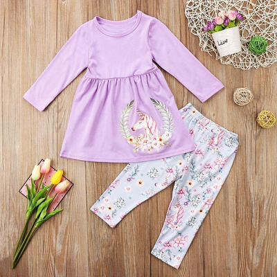 

Toddler Baby Unicorn Child Kid Girls Clothes Set Top T Shirt Floral Pant Outfits 2-7Y