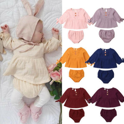 

US Toddler Baby Girl Solid Clothes Long Sleeve Tops Shorts Cotton Linen Outfits
