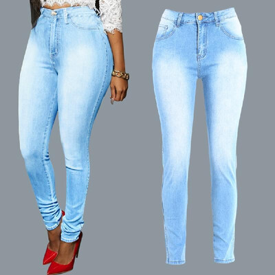 

New Women Bodycon Jeans Denim Washed Zipper Pockets Casual Skinny Pencil Pants Trousers Tights Blue